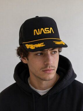 Vintage NASA Black Gold Trucker Hat Embroidered Laurel Otto Cap Snapback